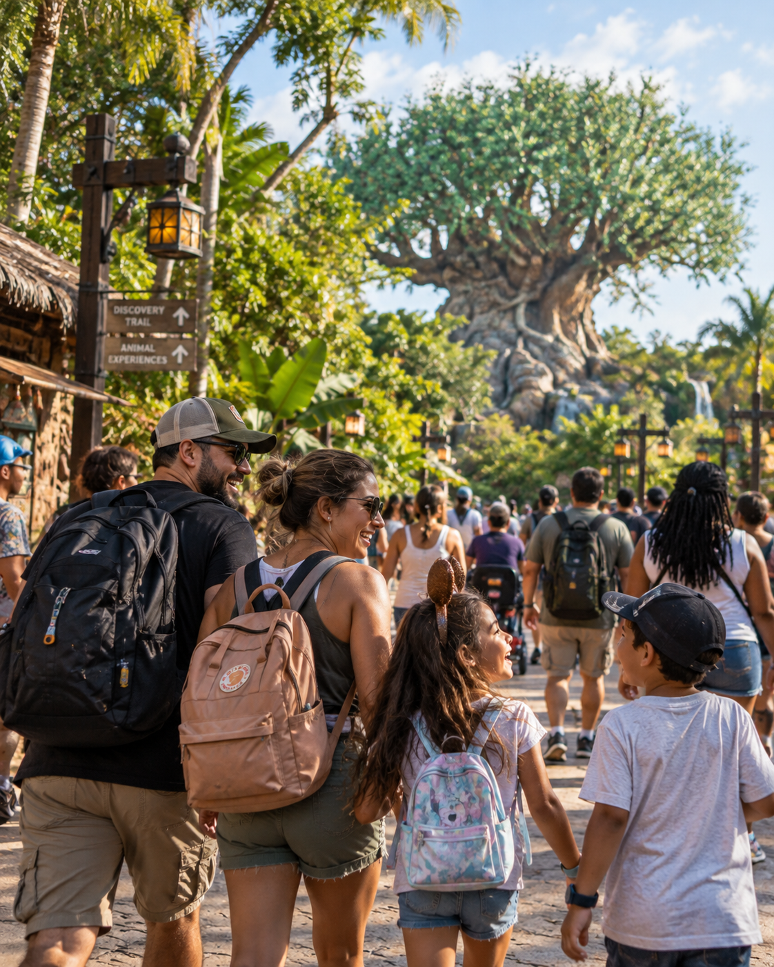 Familia recorriendo un parque temático de naturaleza