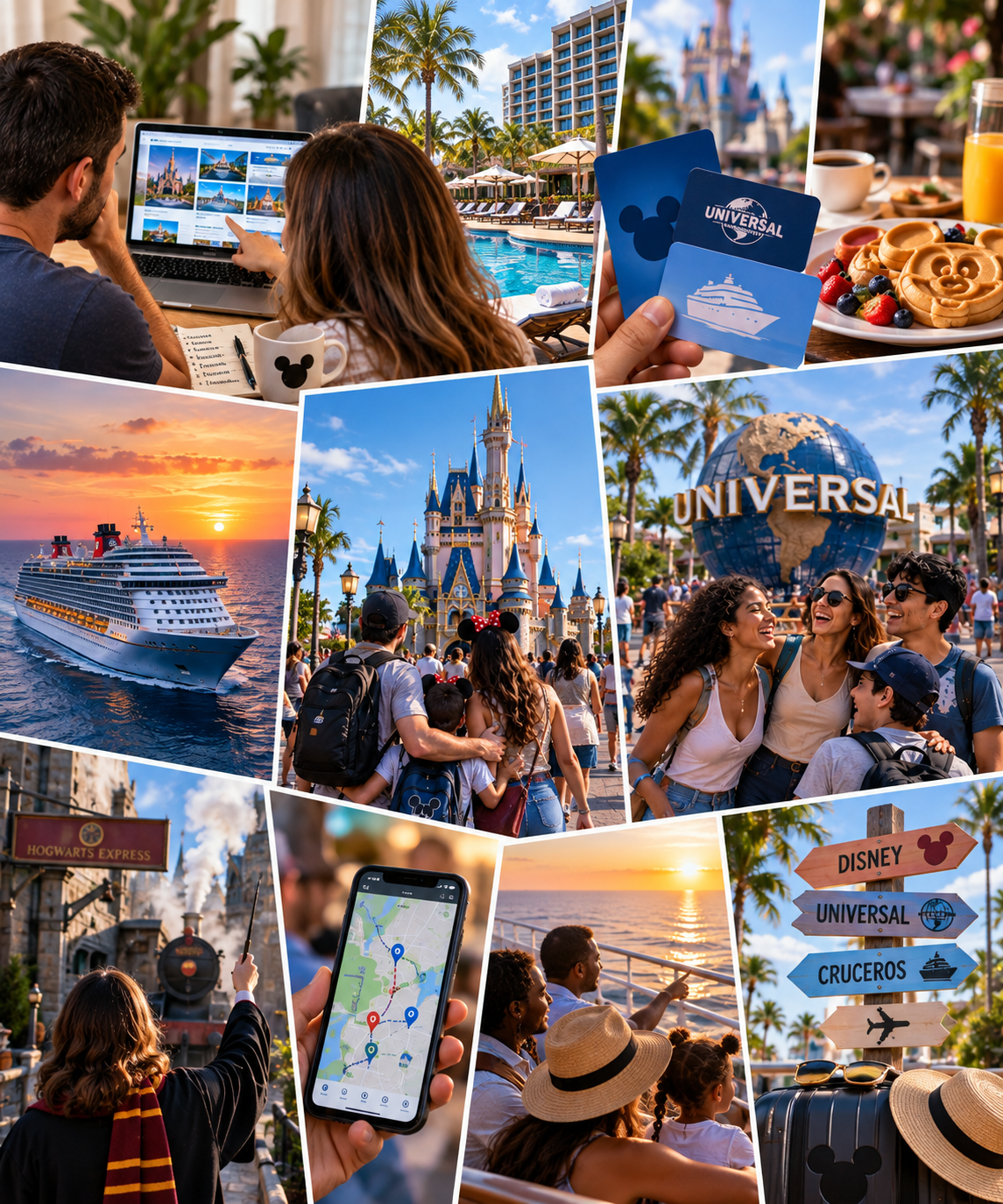 Collage de decisiones y experiencias para planear unas vacaciones en parques y cruceros